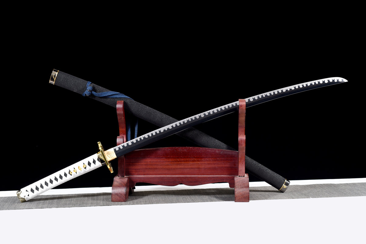 Wave-Blade Anime Katana — White Ito, Blue Sageo, Gold Tsuba — studio photograph 4