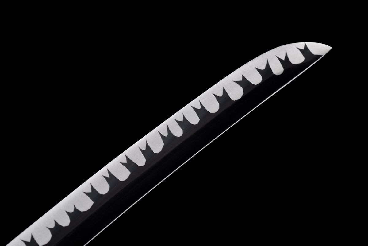 Wave-Blade Anime Katana — White Ito, Blue Sageo, Gold Tsuba — studio photograph 5
