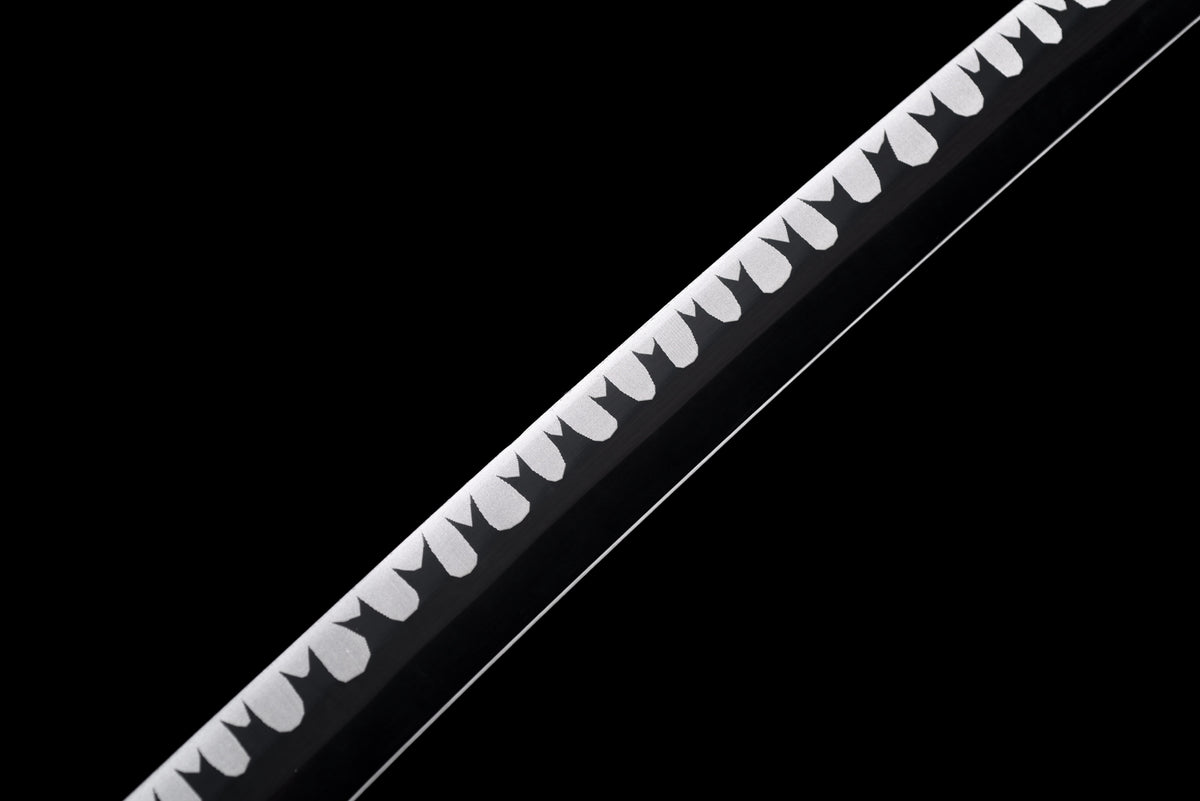 Wave-Blade Anime Katana — White Ito, Blue Sageo, Gold Tsuba — studio photograph 6