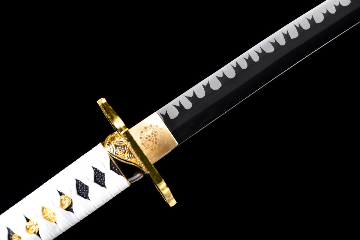 Wave-Blade Anime Katana — White Ito, Blue Sageo, Gold Tsuba — studio photograph 7