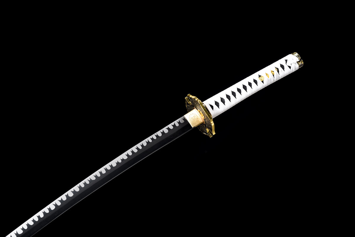 Wave-Blade Anime Katana — White Ito, Blue Sageo, Gold Tsuba — studio photograph 8