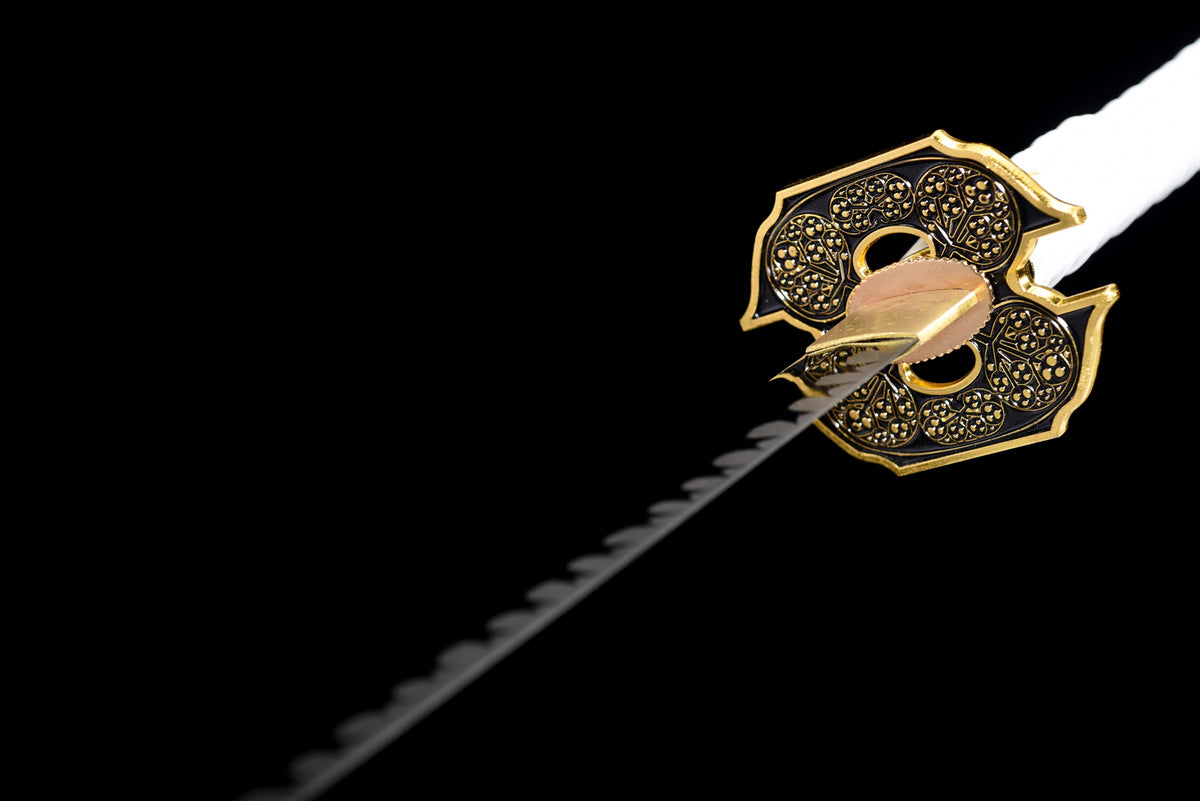 Wave-Blade Anime Katana — White Ito, Blue Sageo, Gold Tsuba — studio photograph 9