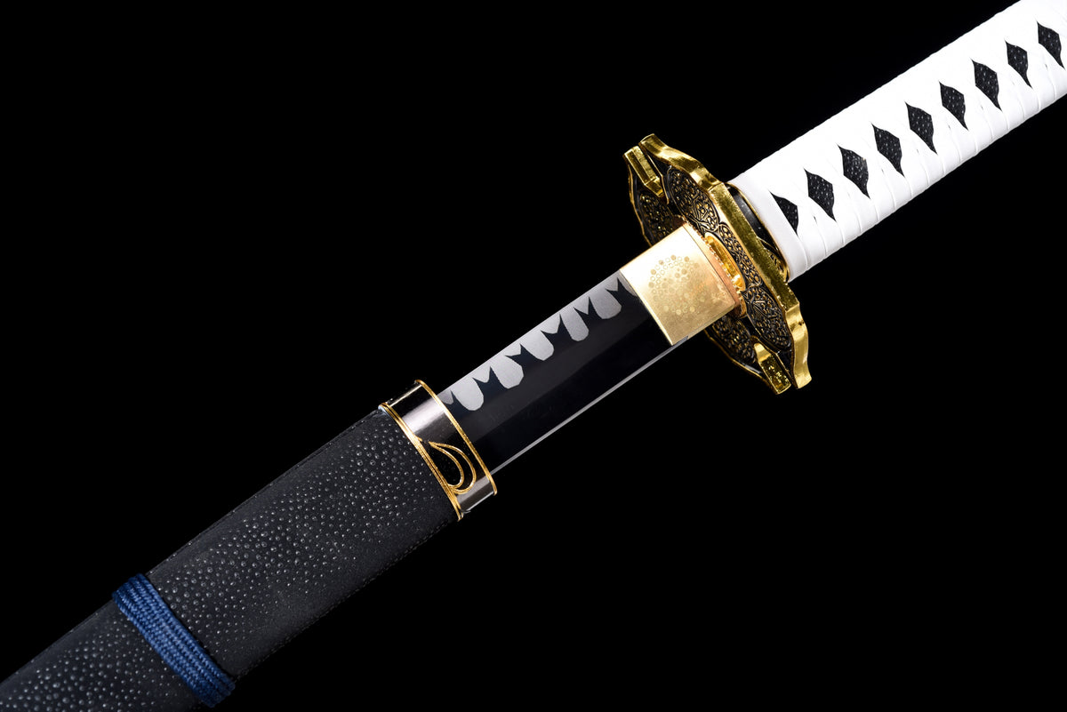 Wave-Blade Anime Katana — White Ito, Blue Sageo, Gold Tsuba — studio photograph 10