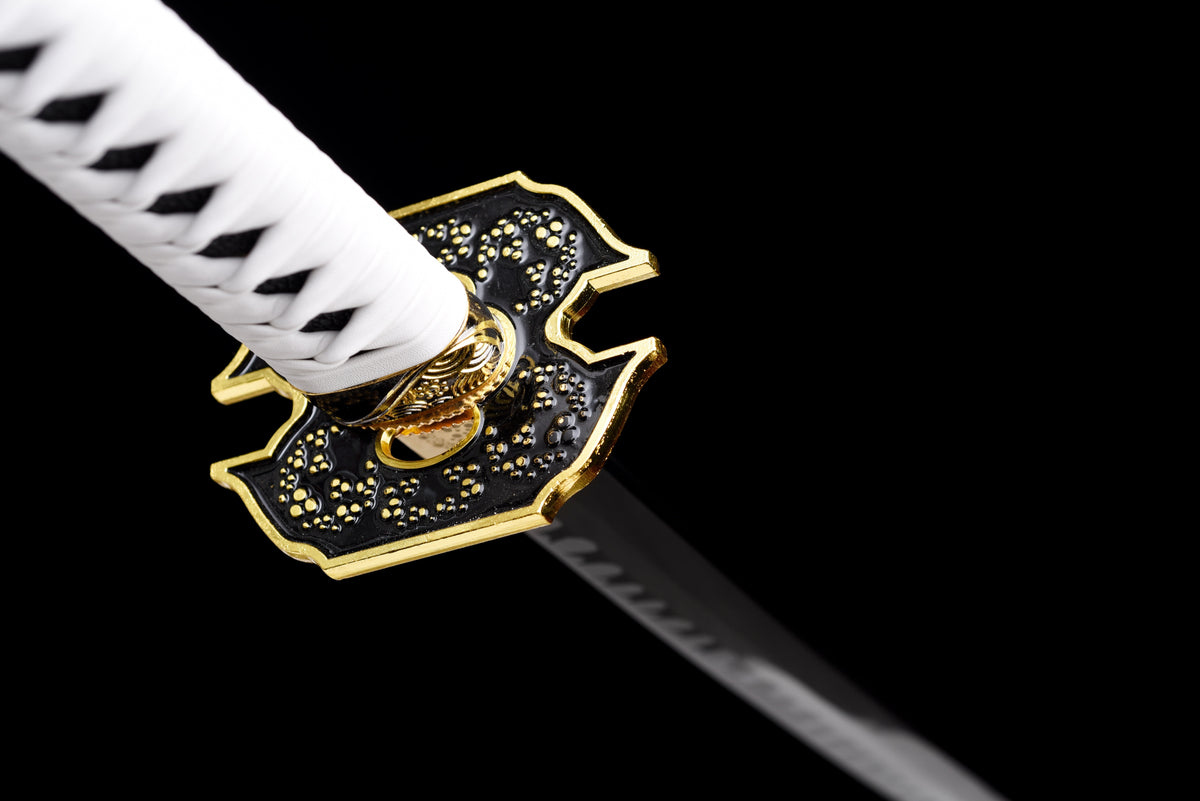 Wave-Blade Anime Katana — White Ito, Blue Sageo, Gold Tsuba — studio photograph 11