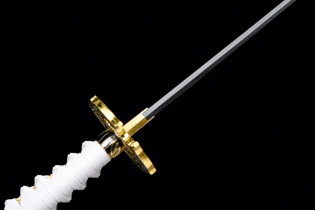 Wave-Blade Anime Katana — White Ito, Blue Sageo, Gold Tsuba — studio photograph 12