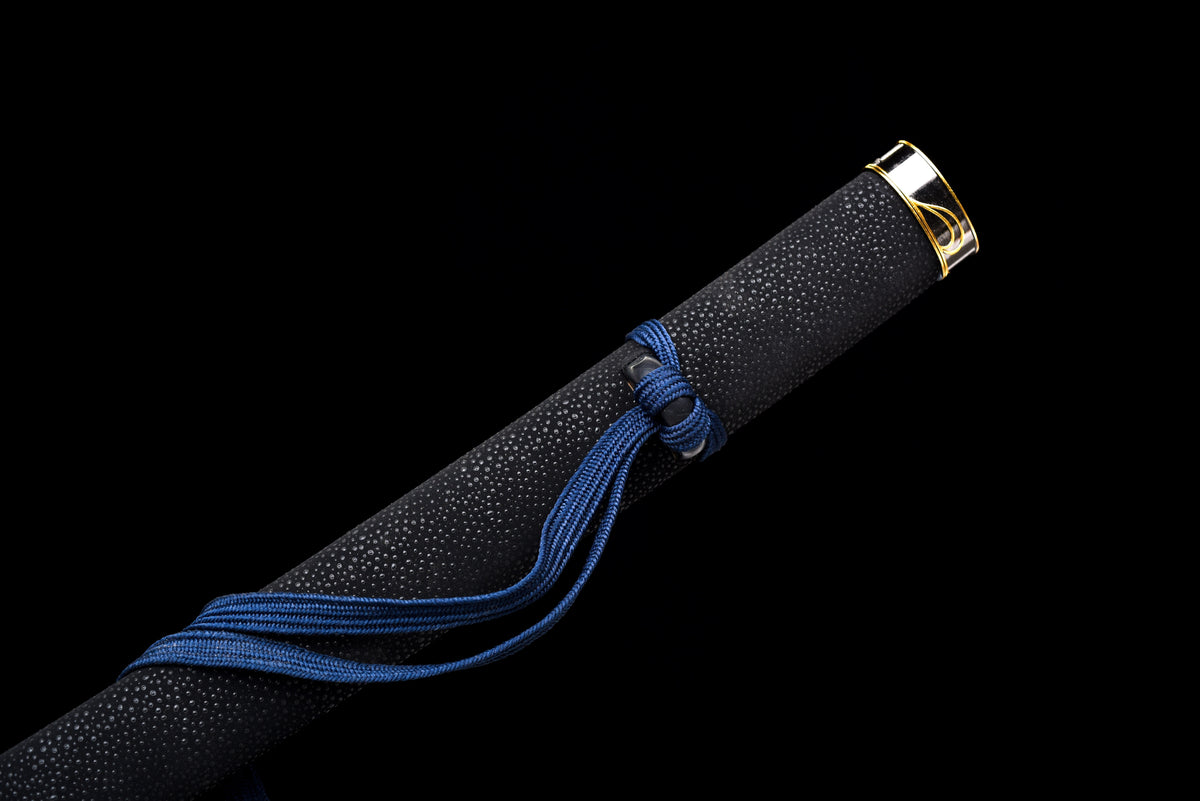 Wave-Blade Anime Katana — White Ito, Blue Sageo, Gold Tsuba — studio photograph 13