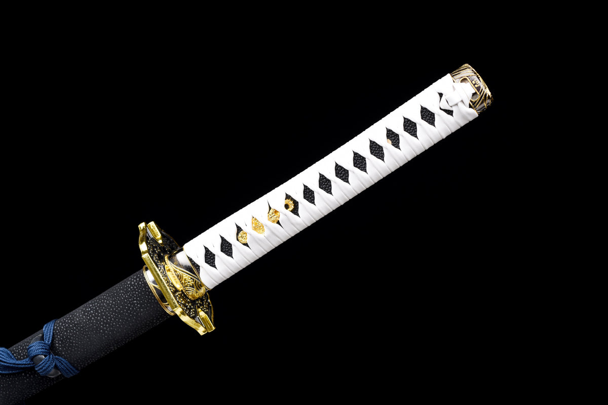 Wave-Blade Anime Katana — White Ito, Blue Sageo, Gold Tsuba — studio photograph 15
