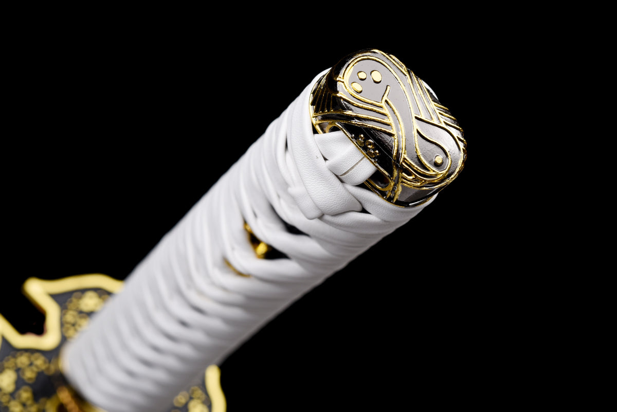 Wave-Blade Anime Katana — White Ito, Blue Sageo, Gold Tsuba — studio photograph 16