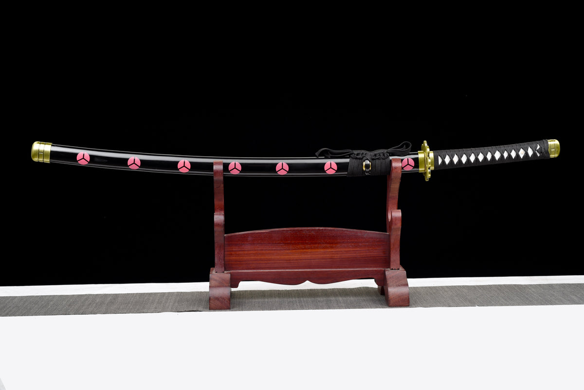 Orange-Blade Anime Katana — Pink-Blossom Saya, Plum Tsuba — studio photograph 1