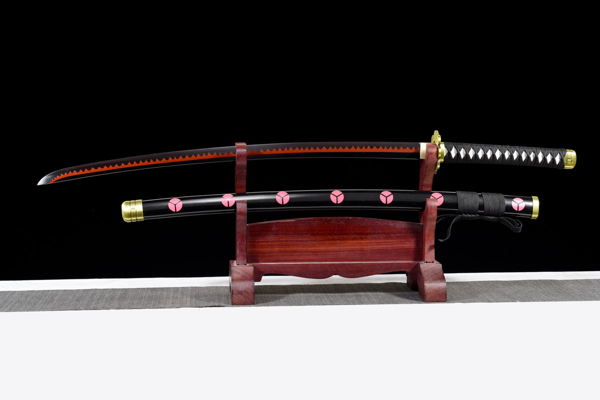 Orange-Blade Anime Katana — Pink-Blossom Saya, Plum Tsuba — studio photograph 2