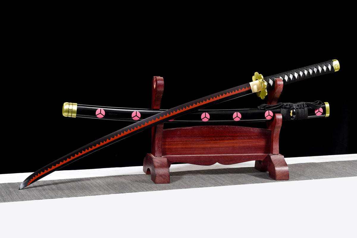 Orange-Blade Anime Katana — Pink-Blossom Saya, Plum Tsuba — studio photograph 3
