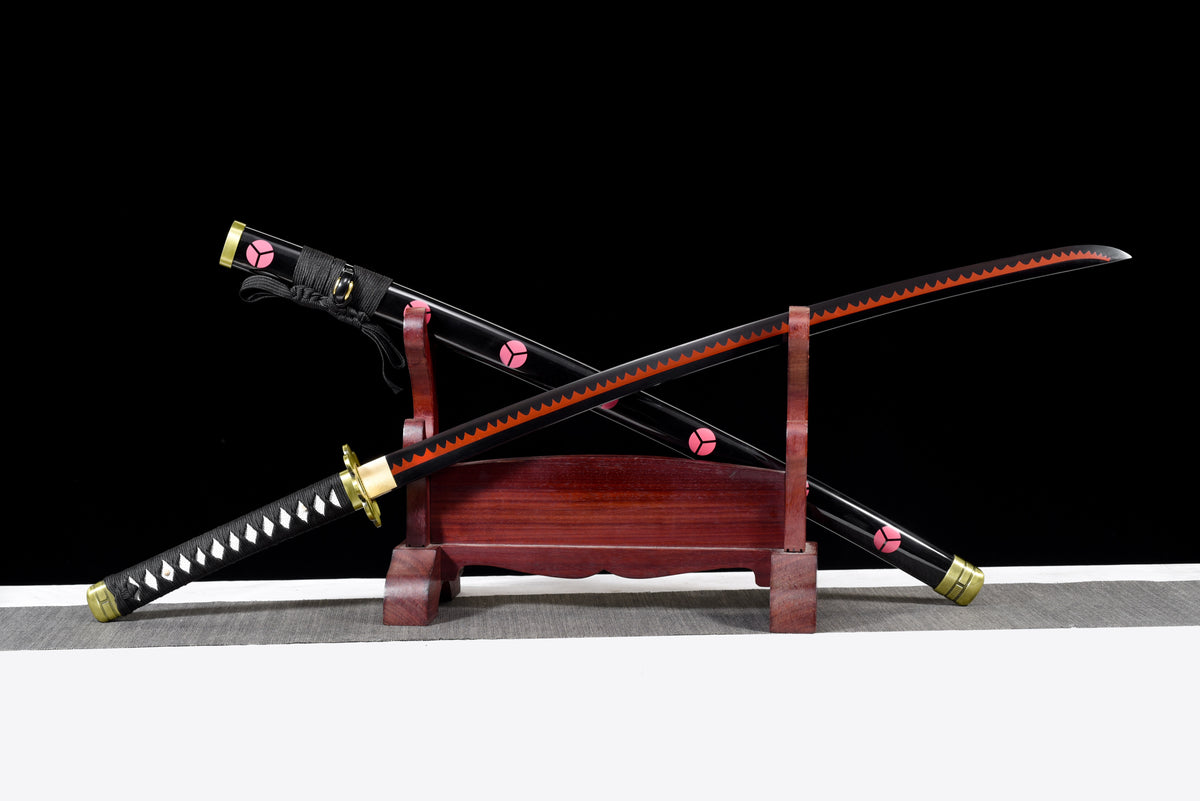 Orange-Blade Anime Katana — Pink-Blossom Saya, Plum Tsuba — studio photograph 4