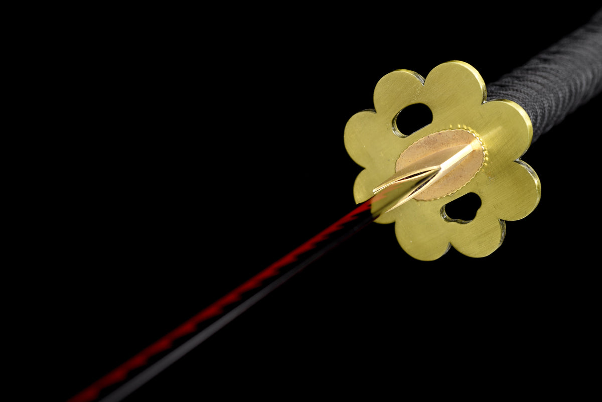 Orange-Blade Anime Katana — Pink-Blossom Saya, Plum Tsuba — studio photograph 9