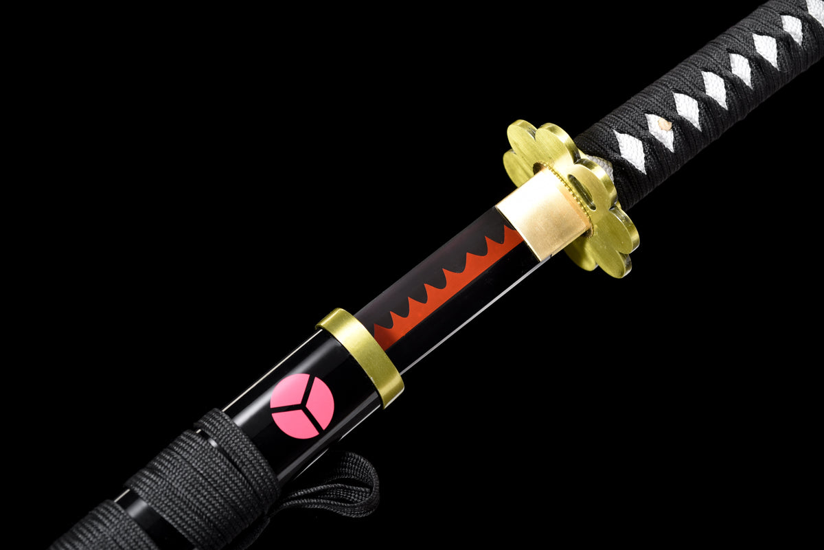 Orange-Blade Anime Katana — Pink-Blossom Saya, Plum Tsuba — studio photograph 10