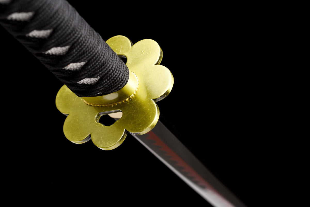 Orange-Blade Anime Katana — Pink-Blossom Saya, Plum Tsuba — studio photograph 11