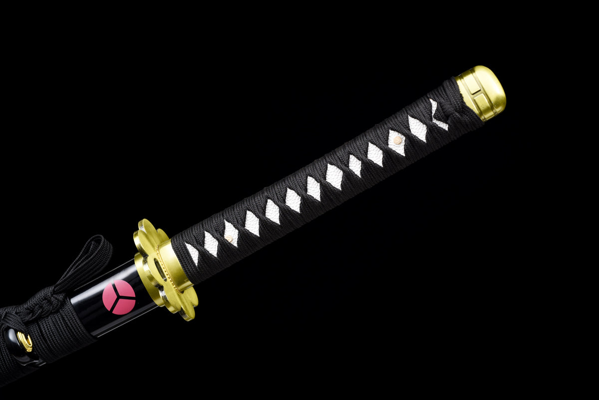 Orange-Blade Anime Katana — Pink-Blossom Saya, Plum Tsuba — studio photograph 15