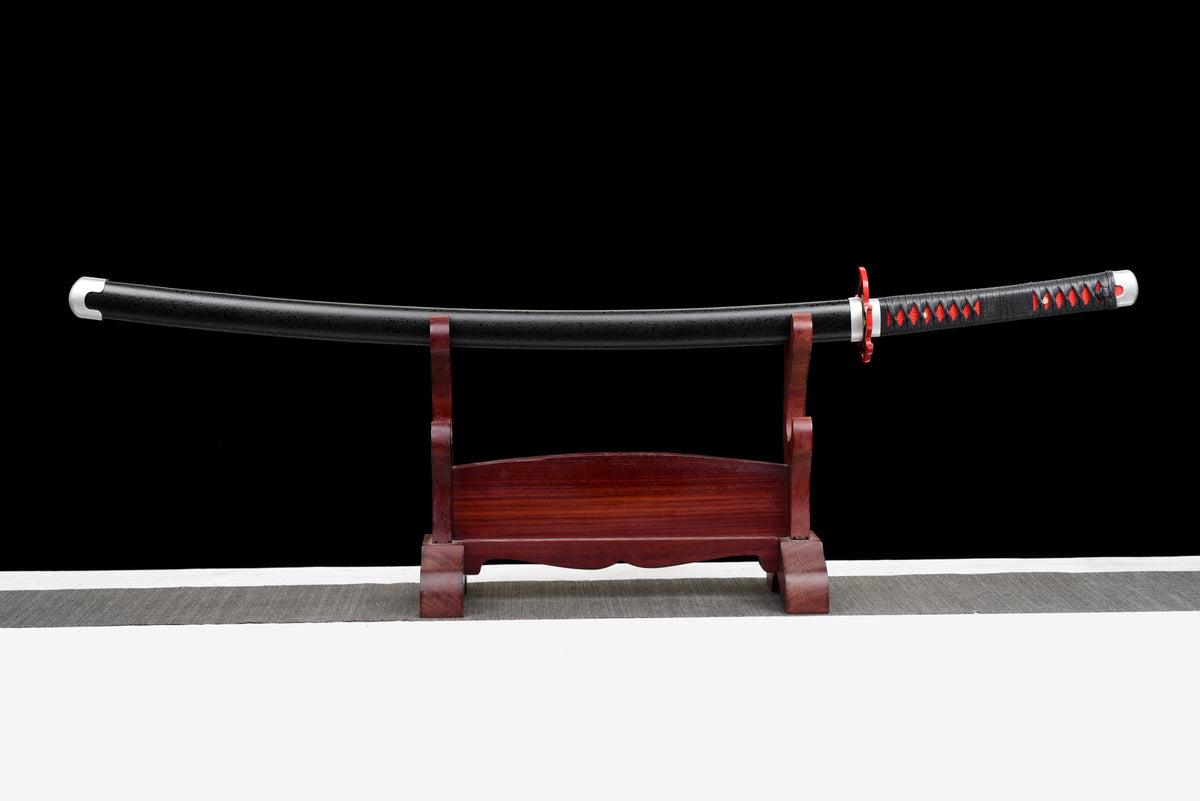 White-Flame Anime Katana — Black & Red Ito, Flame Tsuba — studio photograph 1