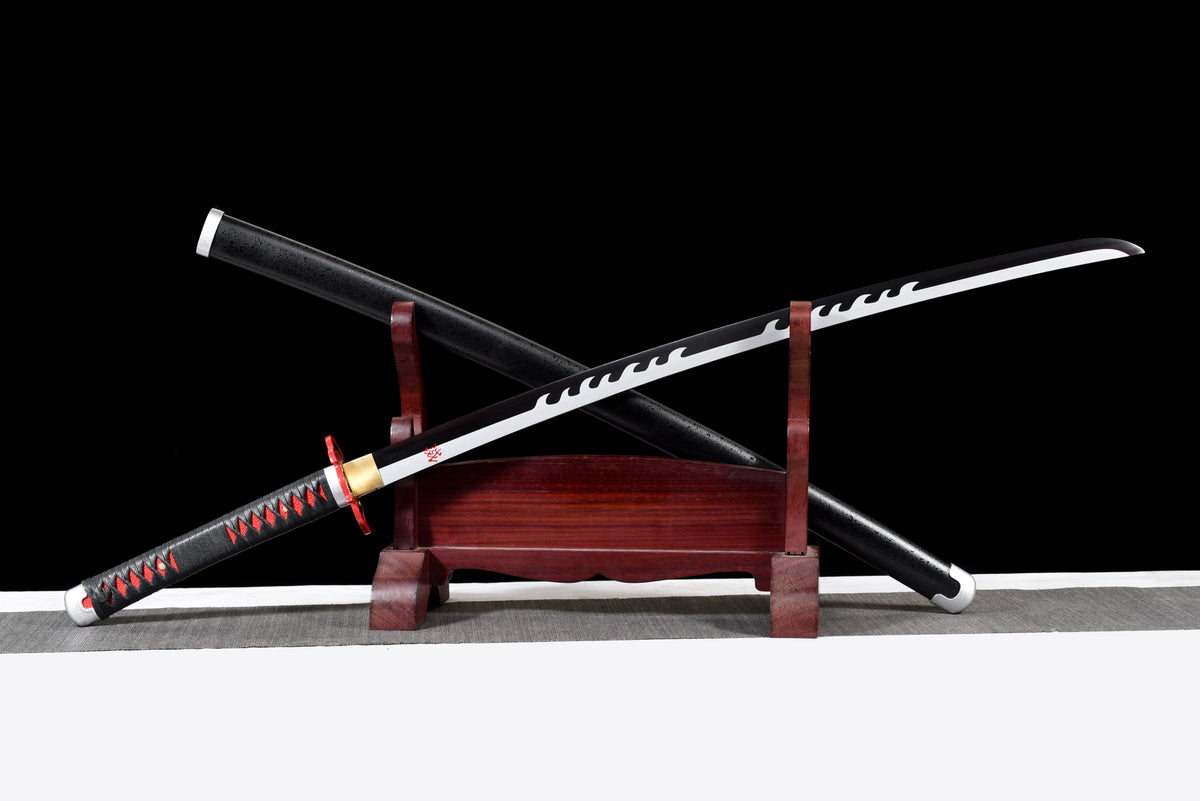 White-Flame Anime Katana — Black & Red Ito, Flame Tsuba — studio photograph 2