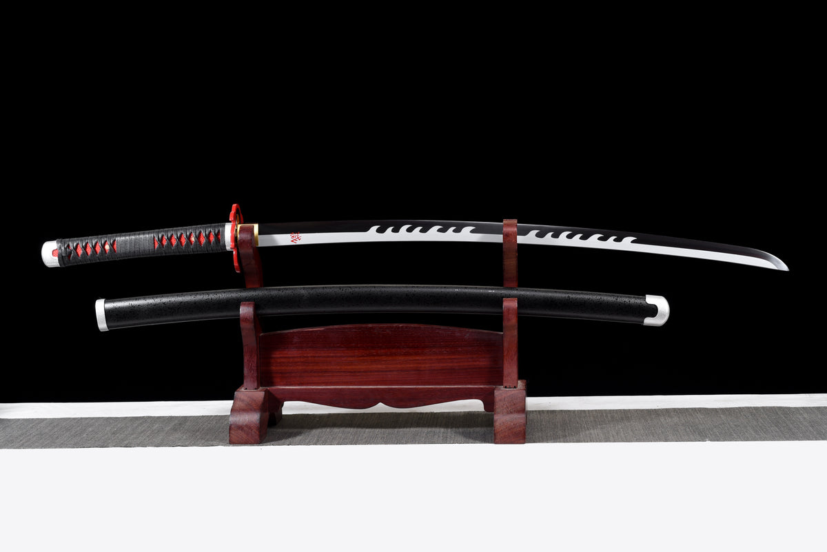 White-Flame Anime Katana — Black & Red Ito, Flame Tsuba — studio photograph 3