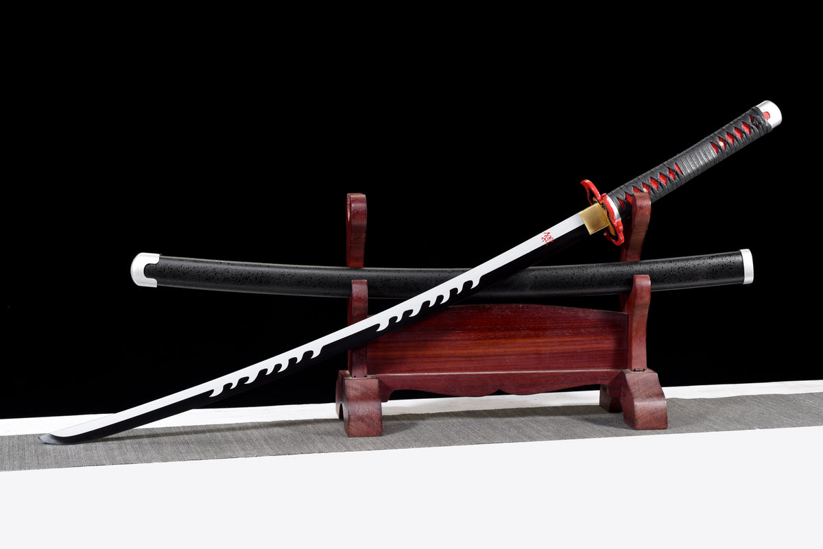 White-Flame Anime Katana — Black & Red Ito, Flame Tsuba — studio photograph 4