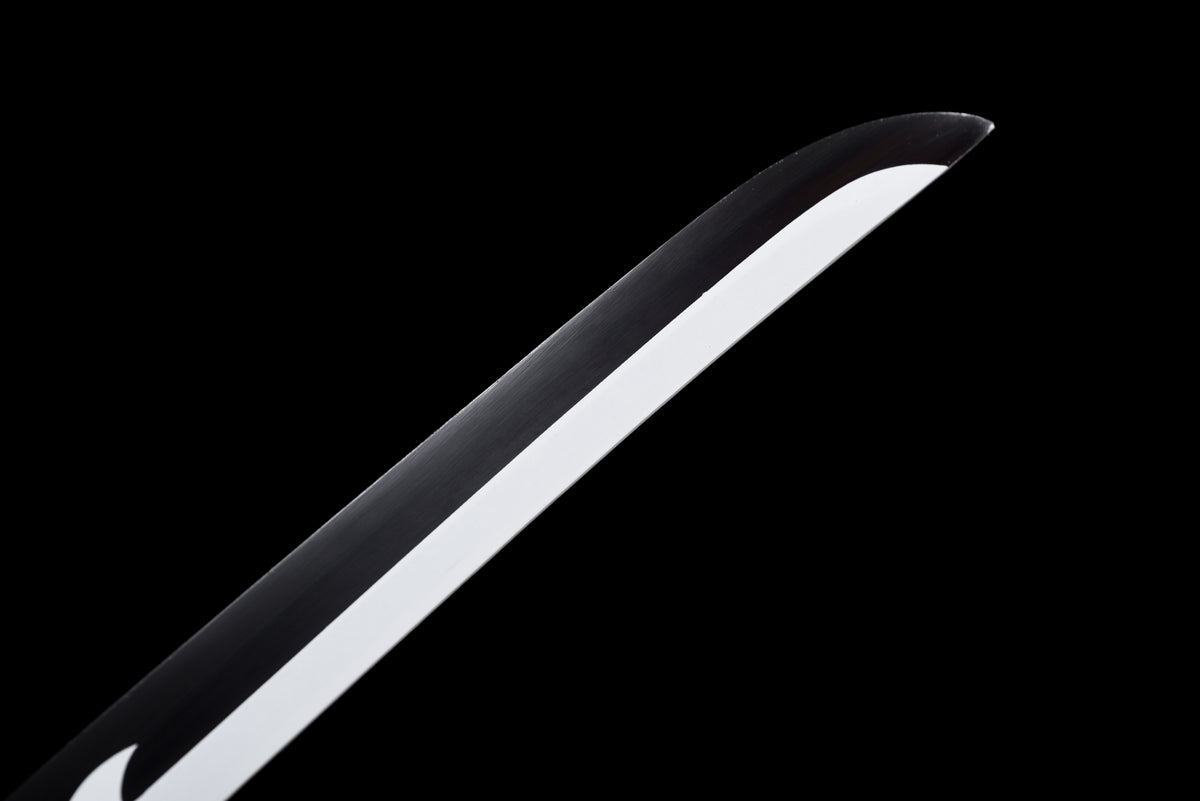 White-Flame Anime Katana — Black & Red Ito, Flame Tsuba — studio photograph 5