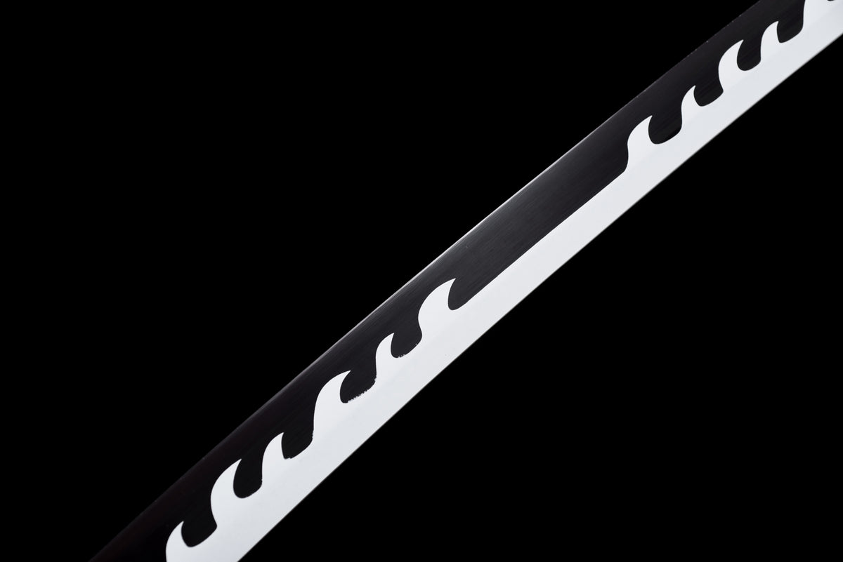 White-Flame Anime Katana — Black & Red Ito, Flame Tsuba — studio photograph 6