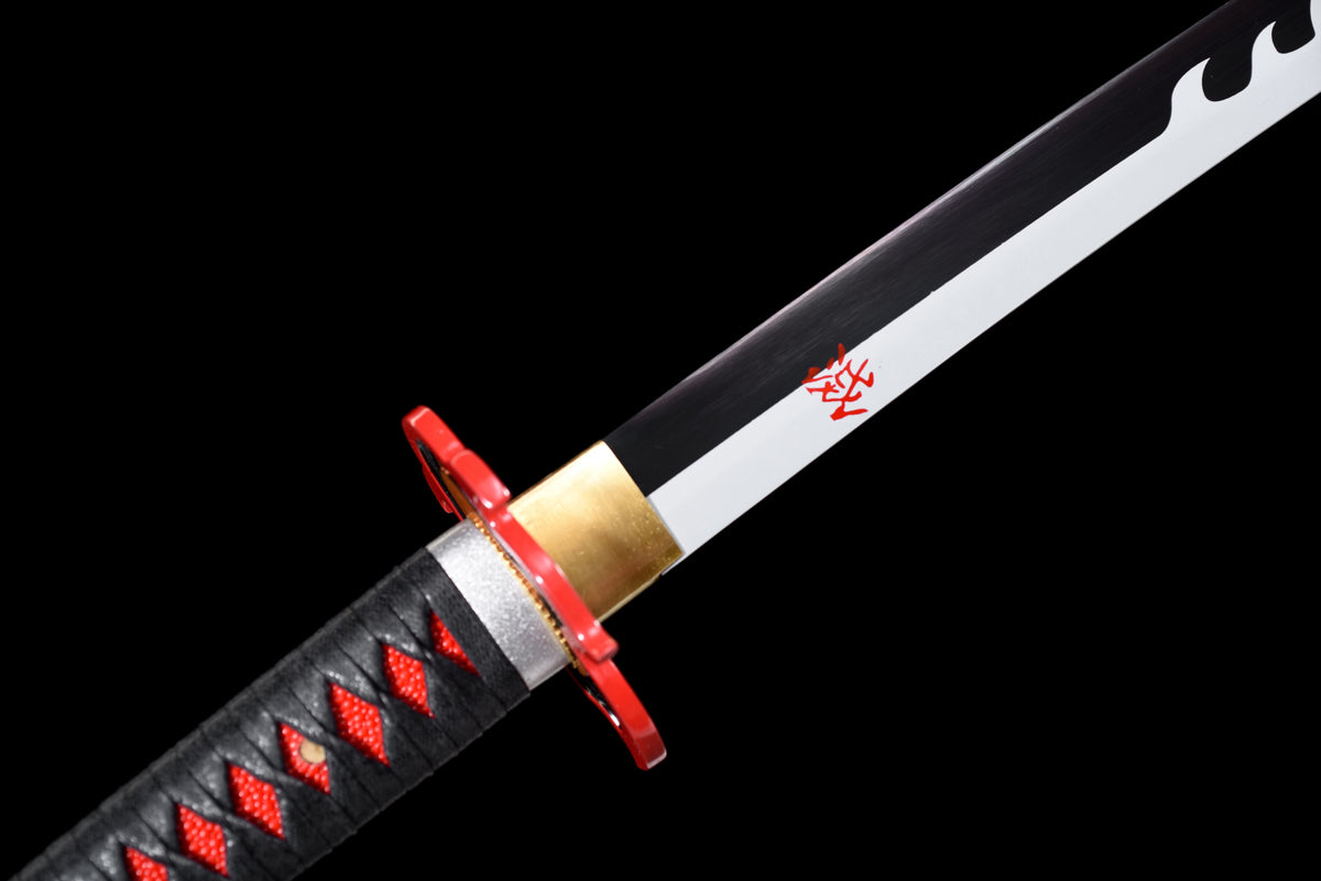 White-Flame Anime Katana — Black & Red Ito, Flame Tsuba — studio photograph 7