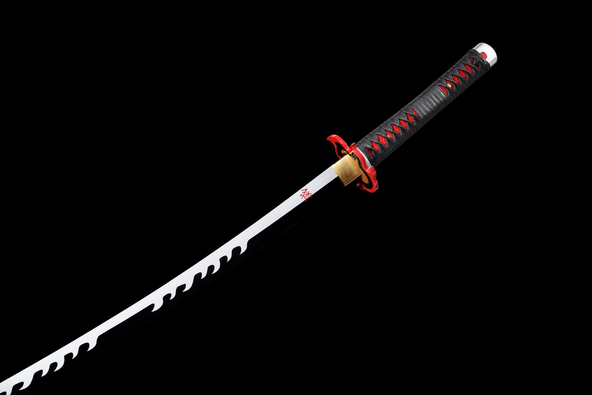 White-Flame Anime Katana — Black & Red Ito, Flame Tsuba — studio photograph 8