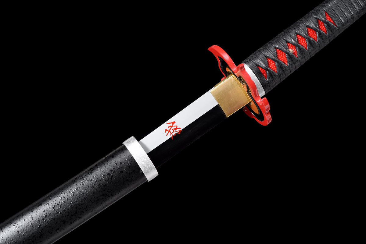 White-Flame Anime Katana — Black & Red Ito, Flame Tsuba — studio photograph 10