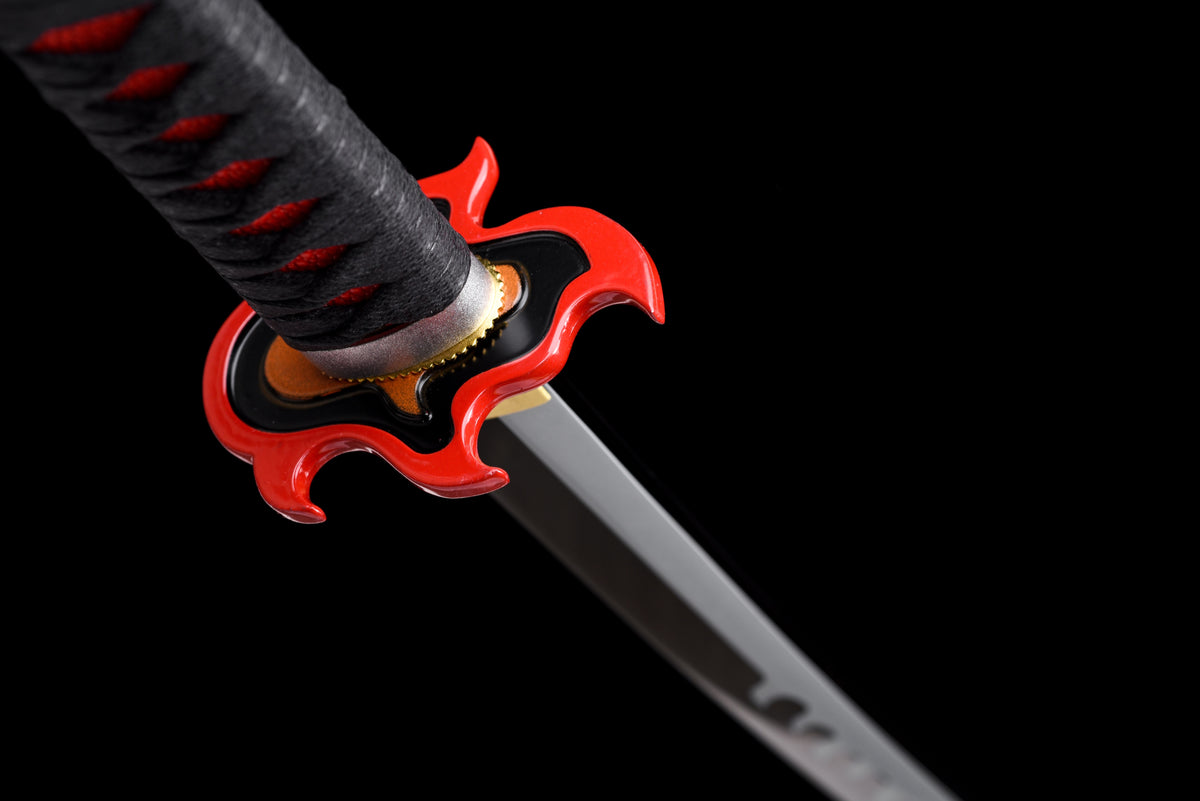White-Flame Anime Katana — Black & Red Ito, Flame Tsuba — studio photograph 11