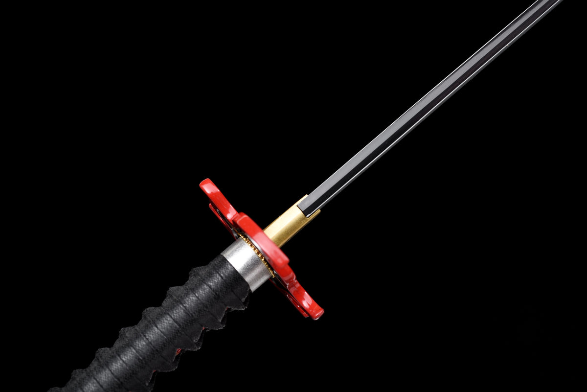 White-Flame Anime Katana — Black & Red Ito, Flame Tsuba — studio photograph 12