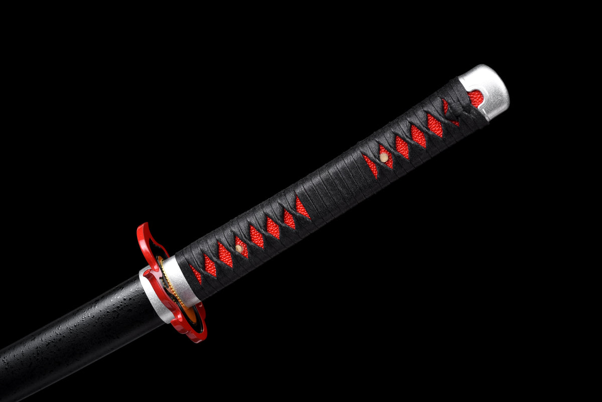 White-Flame Anime Katana — Black & Red Ito, Flame Tsuba — studio photograph 15