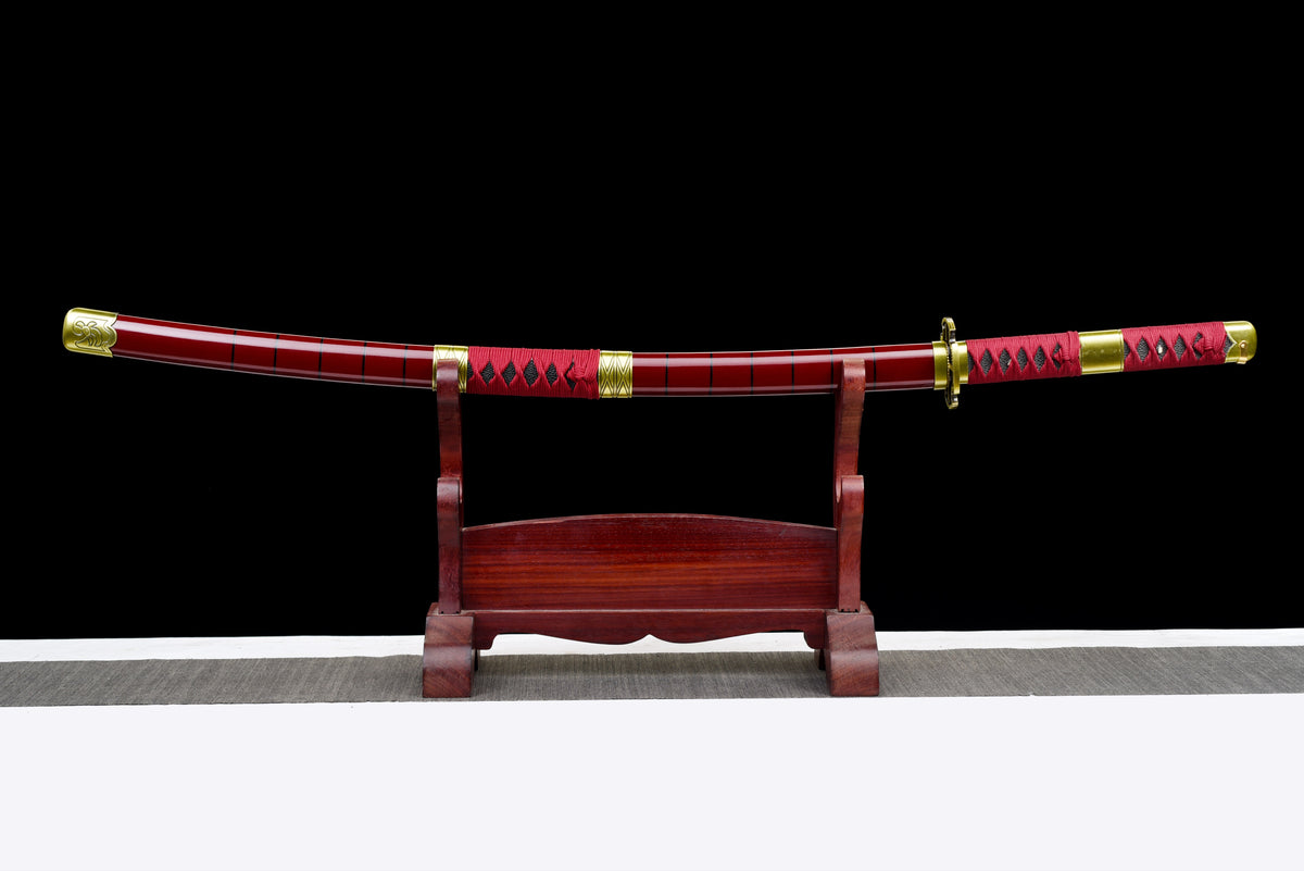 Red-Flame Anime Katana — Red Ito, Gold Cross Tsuba — studio photograph 1