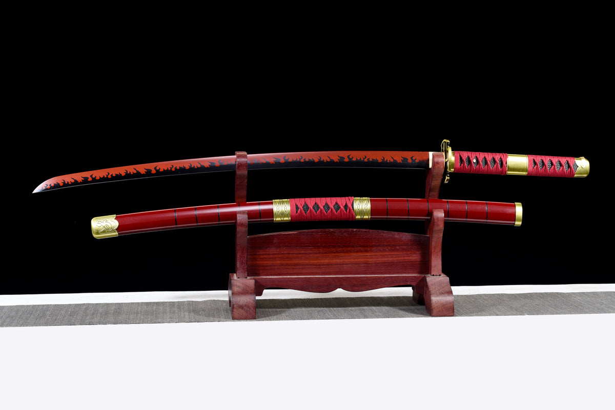 Red-Flame Anime Katana — Red Ito, Gold Cross Tsuba — studio photograph 2