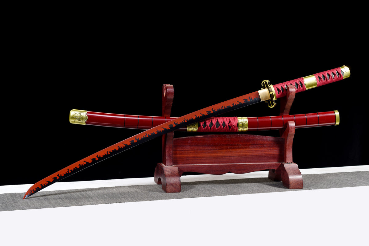 Red-Flame Anime Katana — Red Ito, Gold Cross Tsuba — studio photograph 3