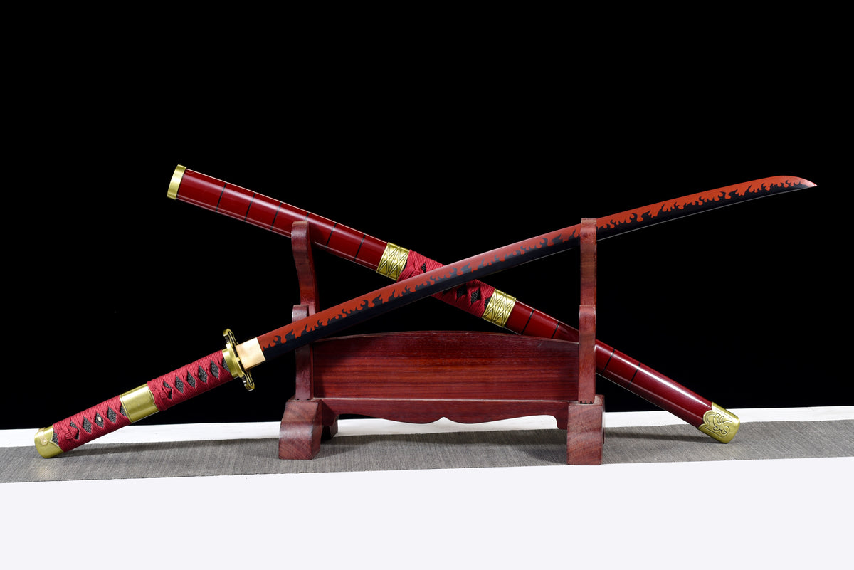 Red-Flame Anime Katana — Red Ito, Gold Cross Tsuba — studio photograph 4