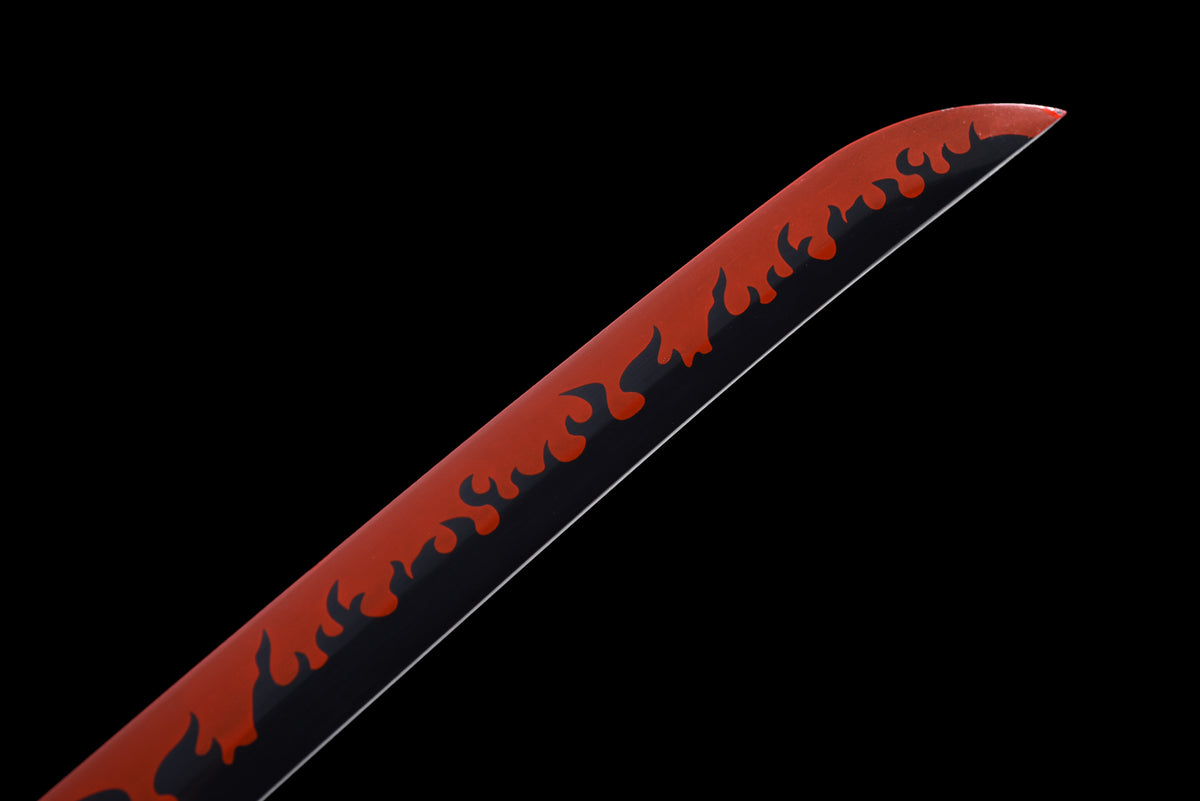 Red-Flame Anime Katana — Red Ito, Gold Cross Tsuba — studio photograph 5