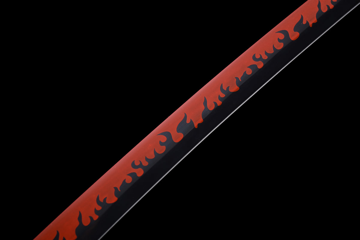 Red-Flame Anime Katana — Red Ito, Gold Cross Tsuba — studio photograph 6