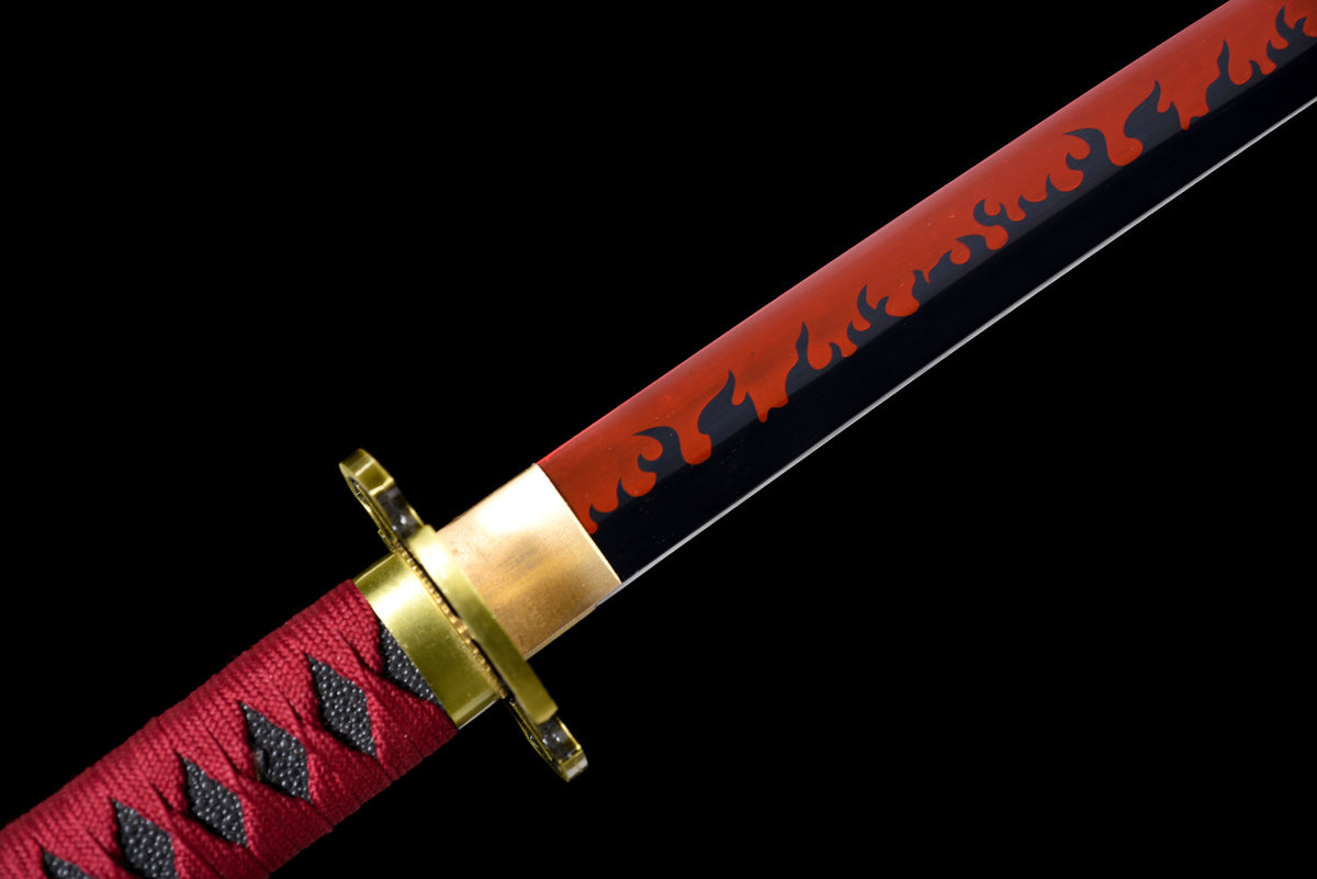 Red-Flame Anime Katana — Red Ito, Gold Cross Tsuba — studio photograph 7