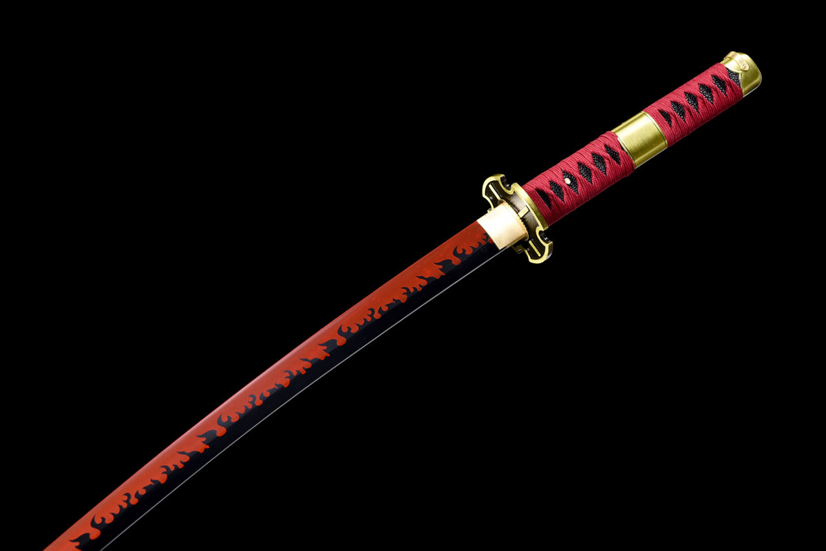Red-Flame Anime Katana — Red Ito, Gold Cross Tsuba — studio photograph 8