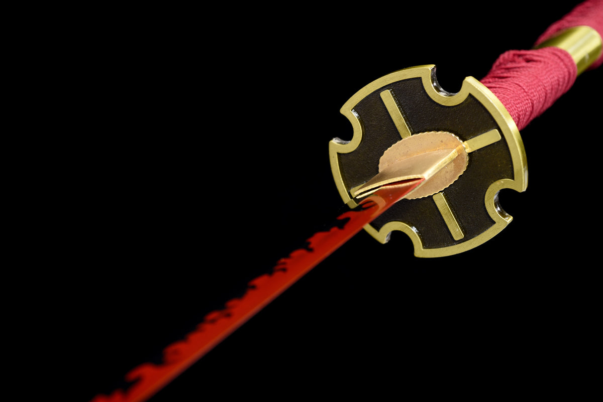 Red-Flame Anime Katana — Red Ito, Gold Cross Tsuba — studio photograph 9