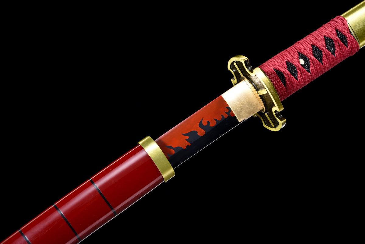 Red-Flame Anime Katana — Red Ito, Gold Cross Tsuba — studio photograph 10