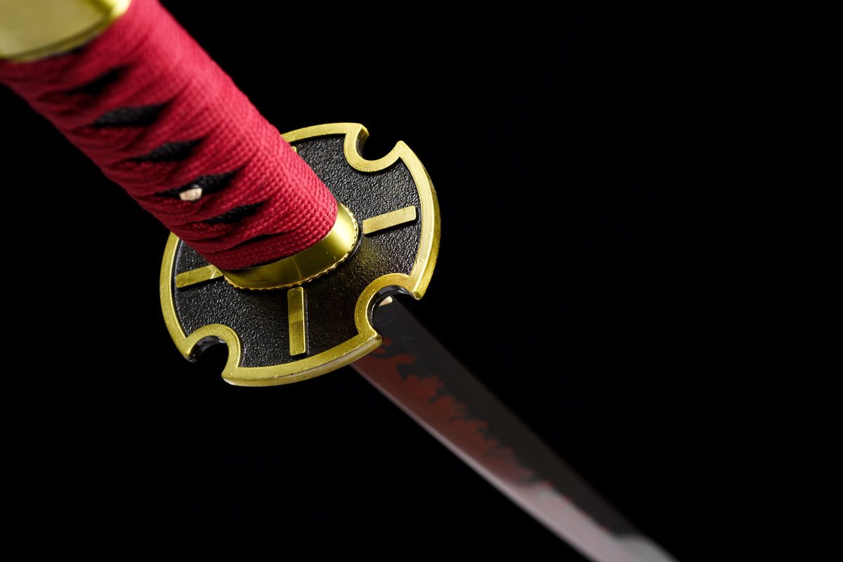Red-Flame Anime Katana — Red Ito, Gold Cross Tsuba — studio photograph 11