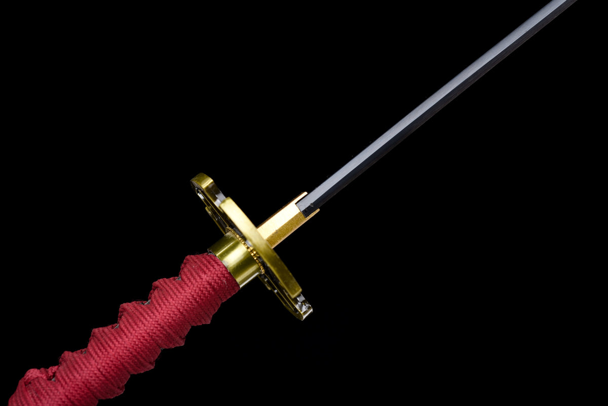 Red-Flame Anime Katana — Red Ito, Gold Cross Tsuba — studio photograph 12