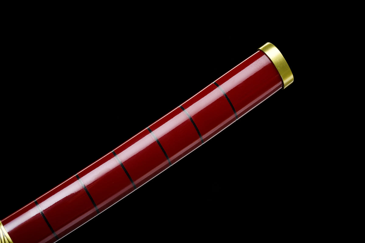 Red-Flame Anime Katana — Red Ito, Gold Cross Tsuba — studio photograph 13