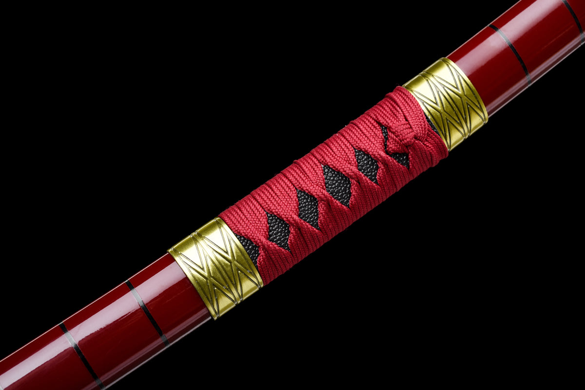 Red-Flame Anime Katana — Red Ito, Gold Cross Tsuba — studio photograph 14