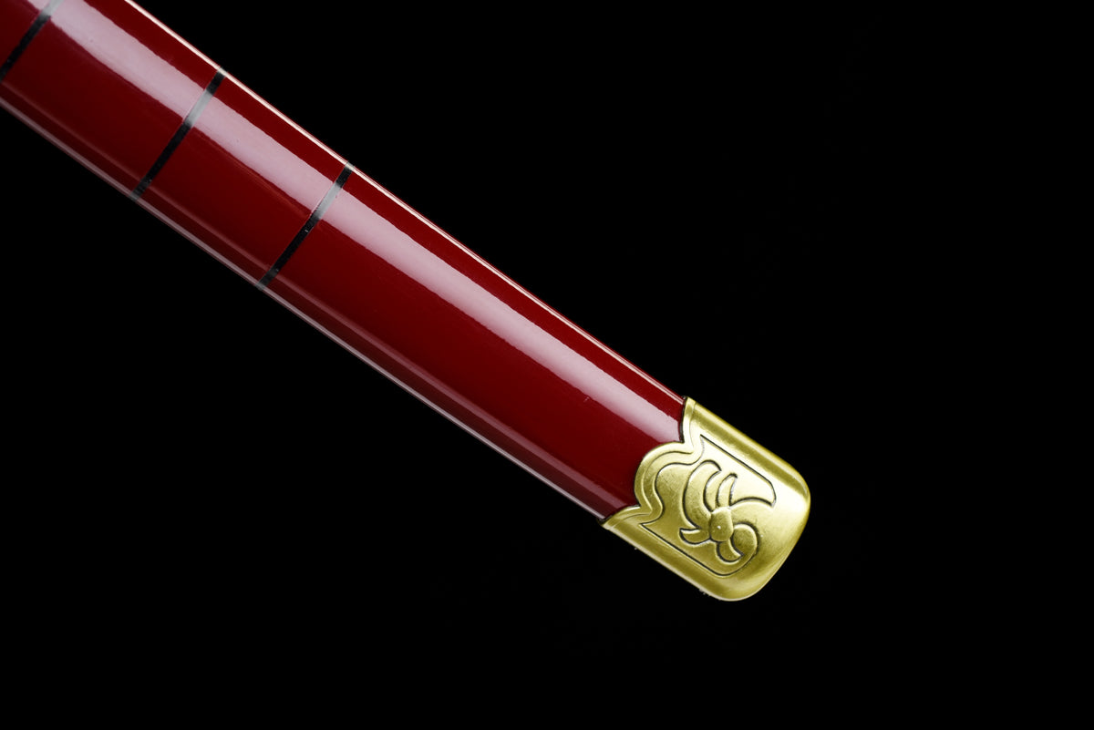 Red-Flame Anime Katana — Red Ito, Gold Cross Tsuba — studio photograph 15