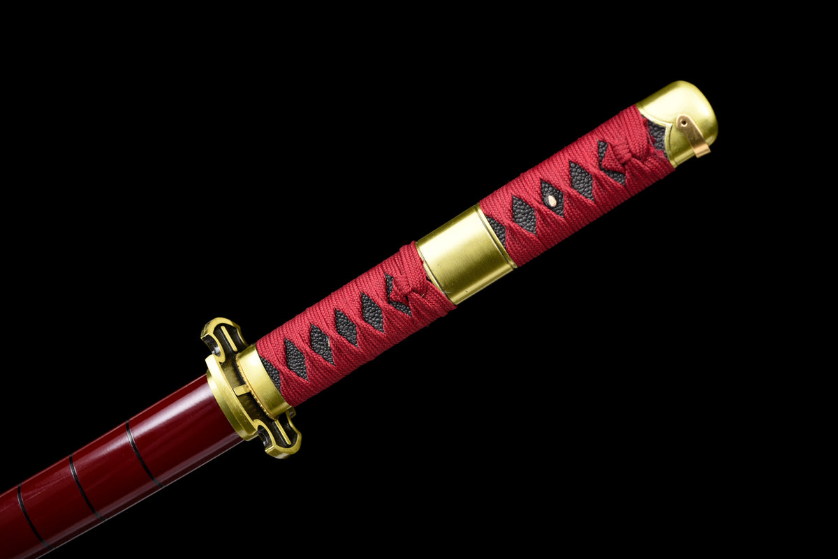 Red-Flame Anime Katana — Red Ito, Gold Cross Tsuba — studio photograph 16