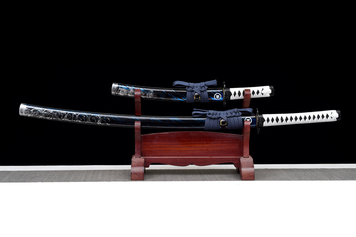 Lightning-Tsuba Anime Katana & Wakizashi — White Ito, Blue Sageo · Unsharpened — studio photograph 1