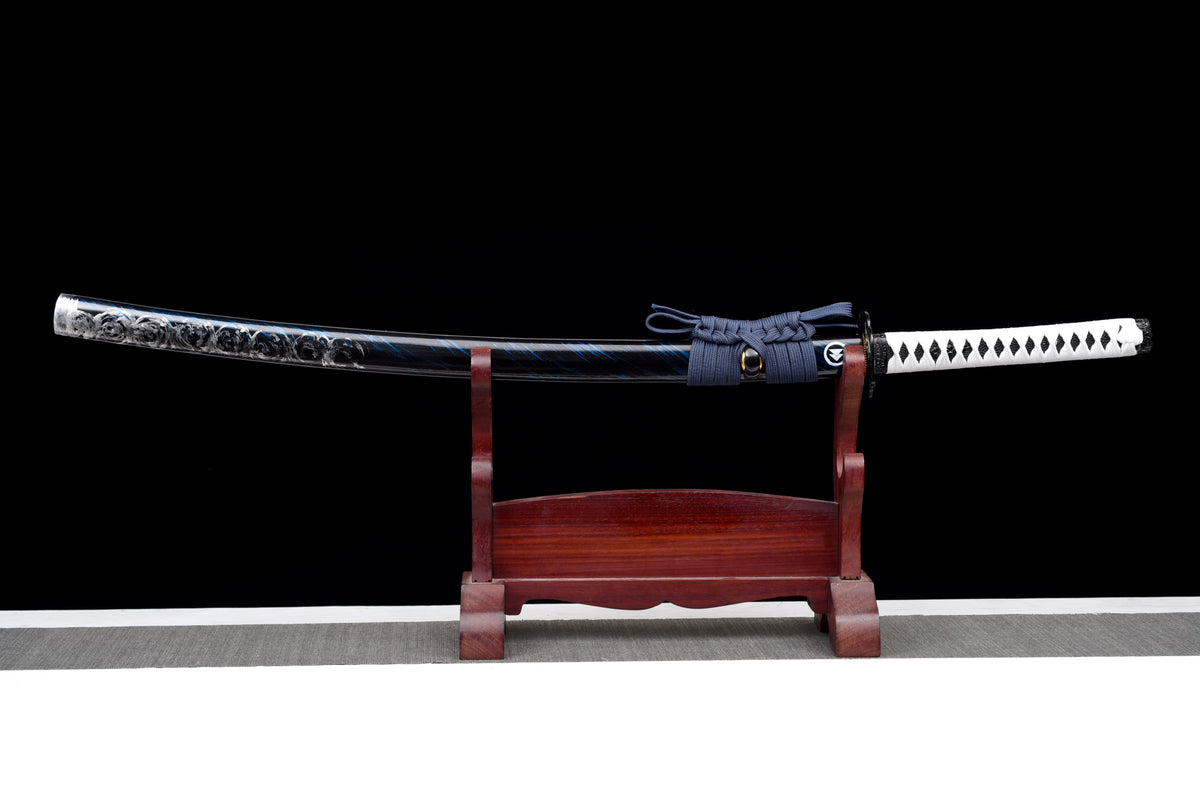 Lightning-Tsuba Anime Katana & Wakizashi — White Ito, Blue Sageo · Unsharpened — studio photograph 2